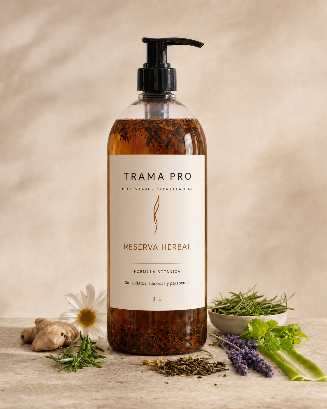 Reserva Herbal TRAMA PRO acompañada de ingredientes botánicos
